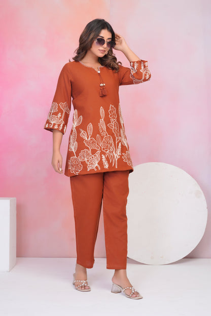 Vaidehi tangerine embroidery cotton co-ord set