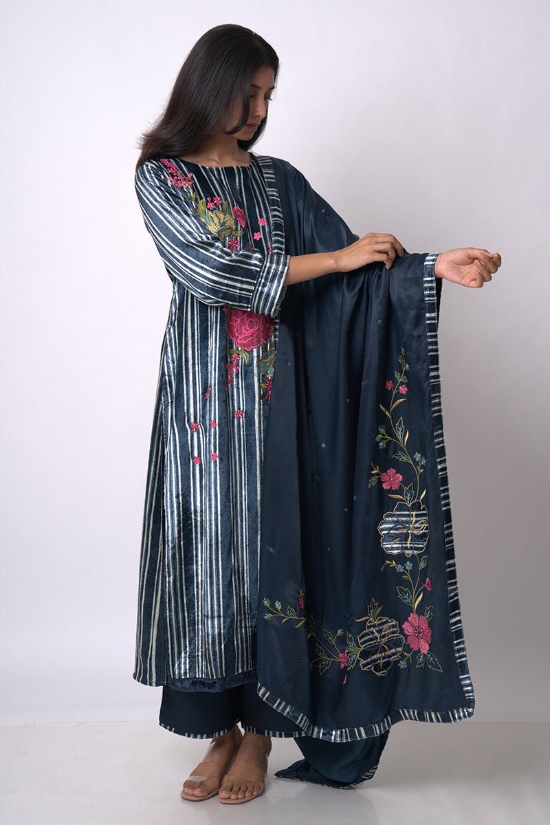 Women's Navy Blue and Light Grey Silk Velvet Salwar Suit