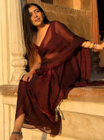 Dhiyona ST Majestic Maroon Paisley Chiffon Saree with Bronze Long Pendants with Blouse Fabric