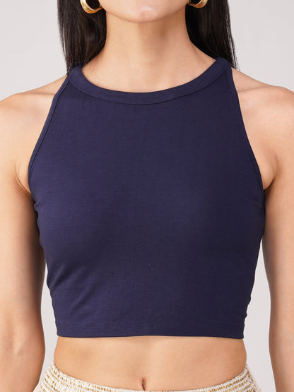 Dhiyona ST Women's Stretchy Knitted Halter Neck Blue Crop Top