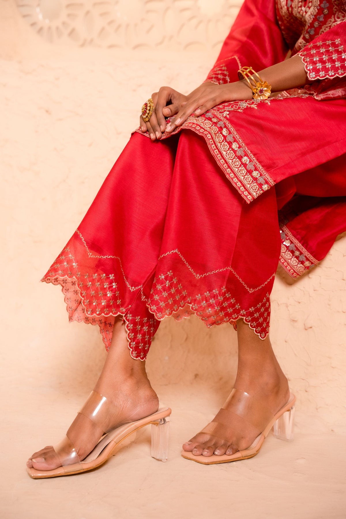 Sanjh Chanderi Embroidered Red  Suit Set