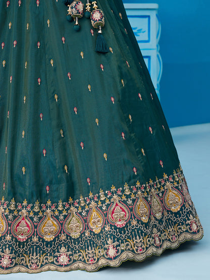 Teal- Cosmos Silk Beads & Sequins Embroidered Semi-Stitched Lehenga & Unstitched Blouse With Dupatta