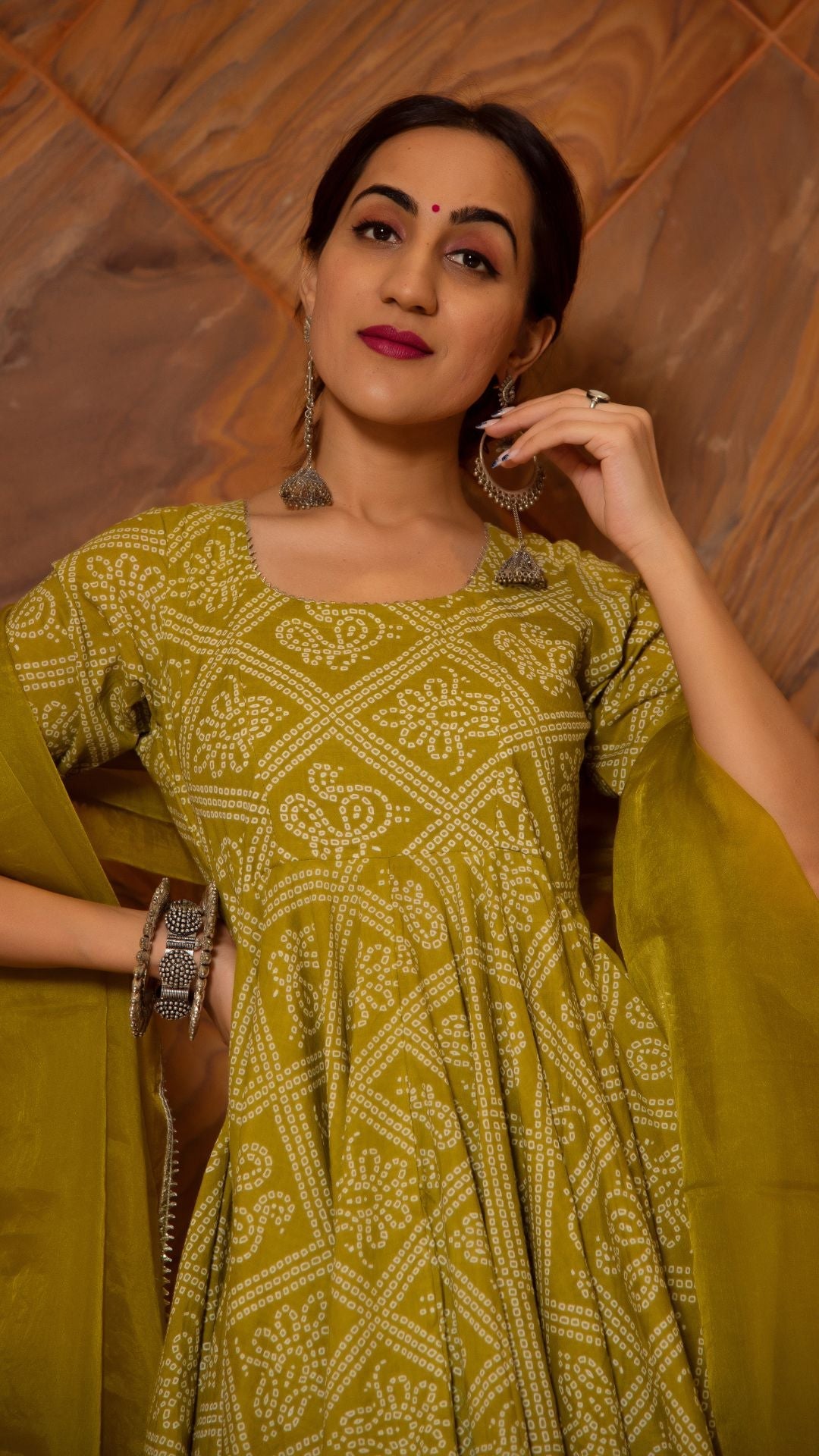 Bandhej Mehendi Green Cotton  Anarkali Set