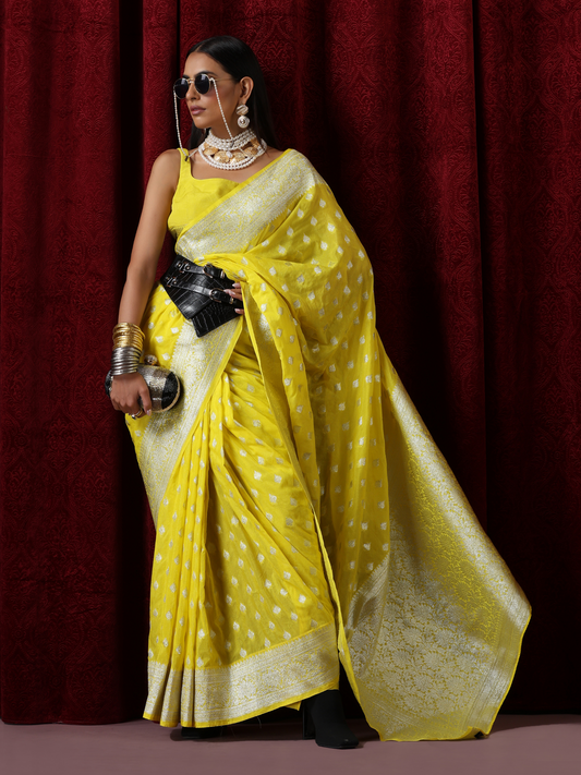 Dhiyona ST Yellow and Silver Pure Georgette Saree with Blouse Fabric