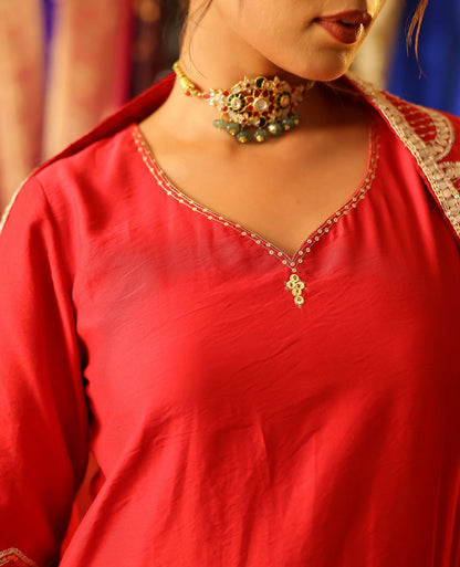 Parcha Red Chanderi Suit Set