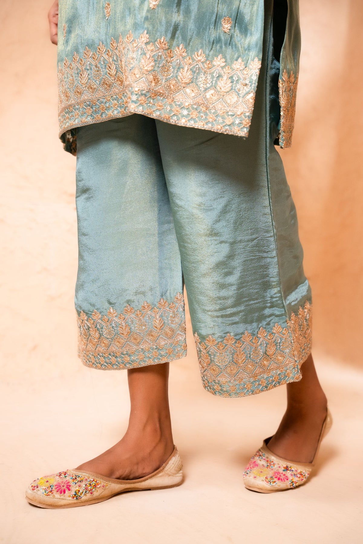 Leher Tissue Embroidered Sky Blue  Suit Set