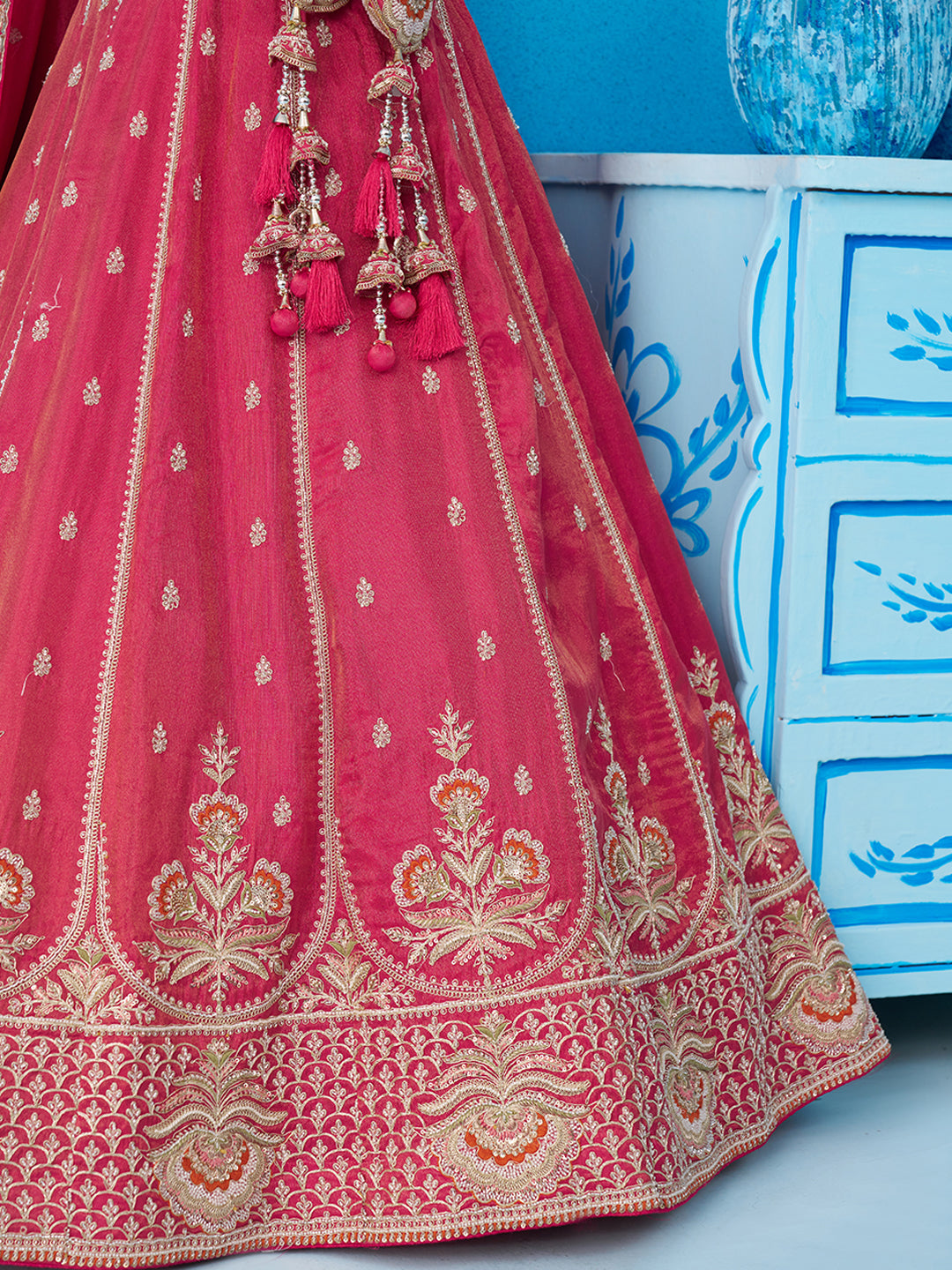 Pink- Tissue Beads & Sequins Embroidered Semi-Stitched Lehenga & Unstitched Blouse With Dupatta
