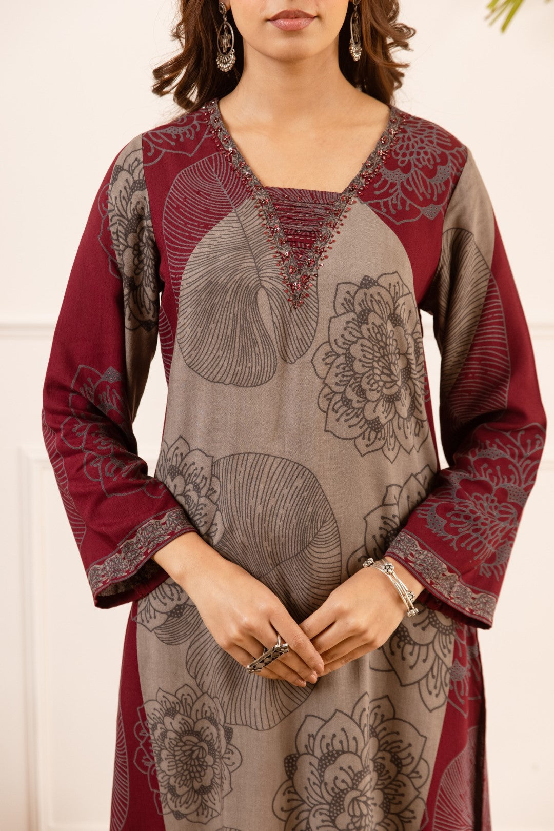 Karen Burgundy printed kurta pant set