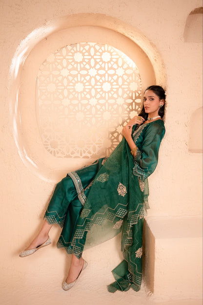 Sanjh Chanderi Embroidered Emerald  Suit Set