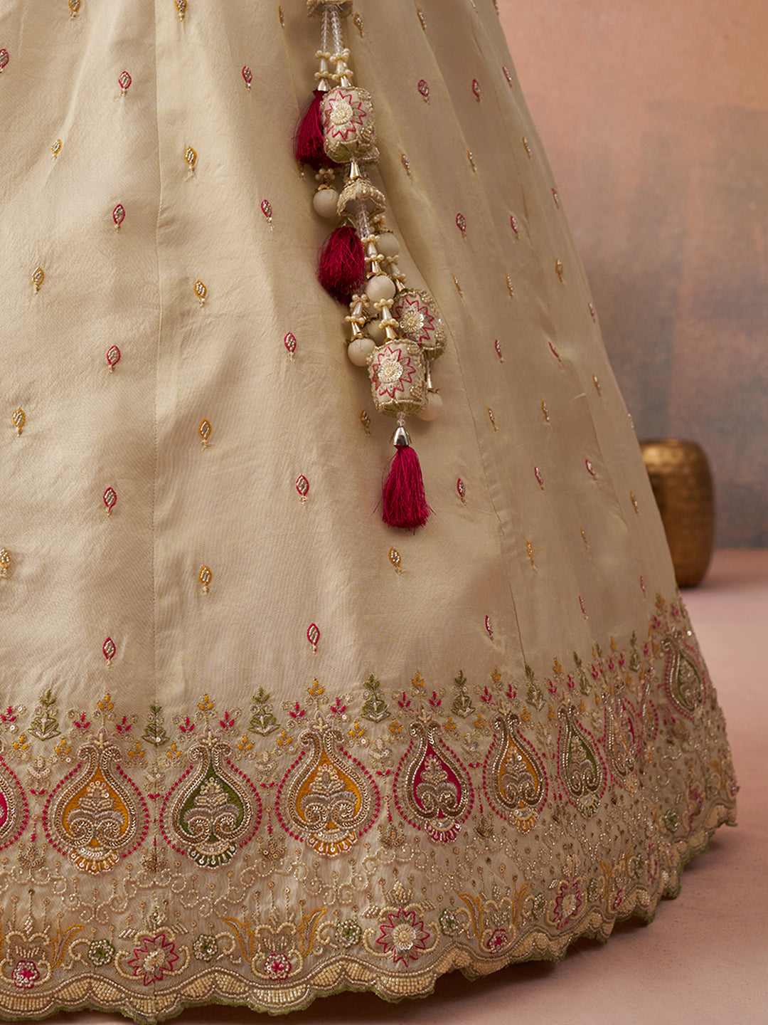Cream- Cosmos Silk Beads & Sequins Embroidered Semi-Stitched Lehenga & Unstitched Blouse With Dupatta