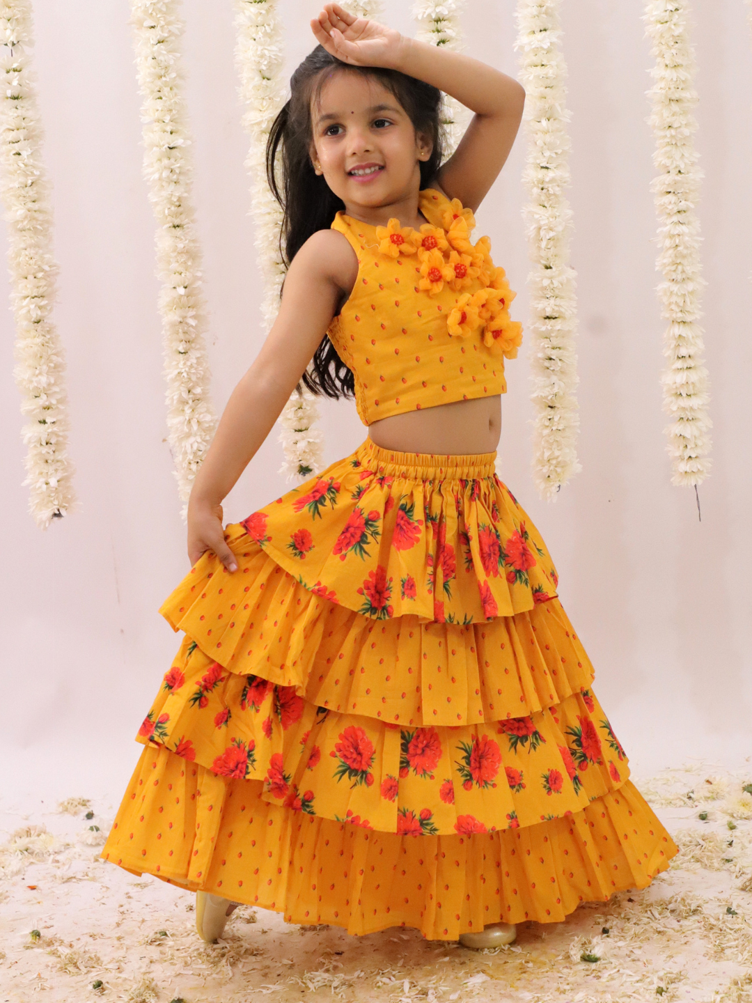 Genda Phool Mustard Choli and Lehanga Set For Girls