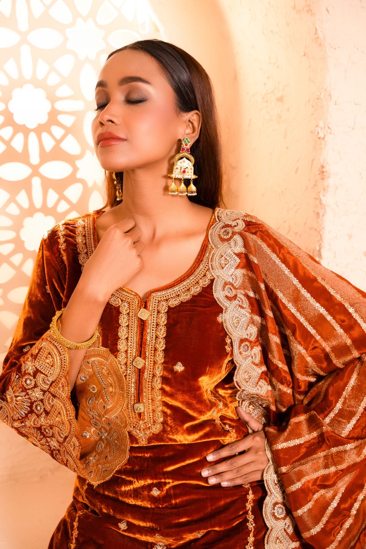 Saaz Silk Velvet Embroidered Rust  Suit Set