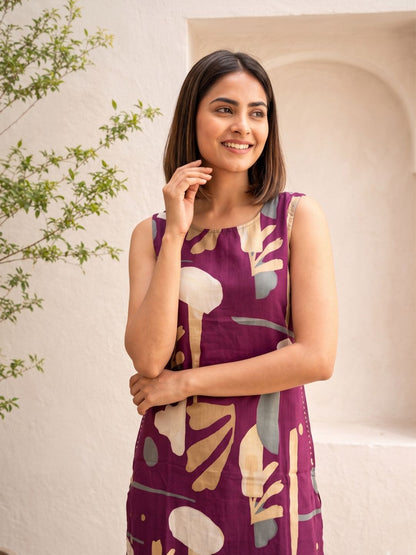 Sarika Plum Printed Sleeveless Kurta Pant Set