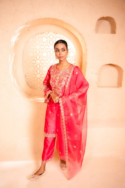 Khwaab Chanderi Embroidered Bright Pink  Suit Set