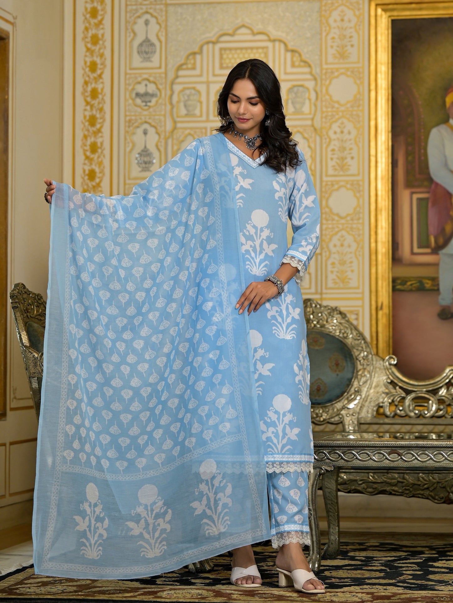 Women Blue Embroidery Viscose Rayon Kurta, Pant And Dupatta Set