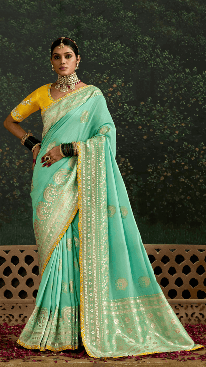 Dhiyona KM Women Sea Green Banarasi Saree With Golden Zari Work