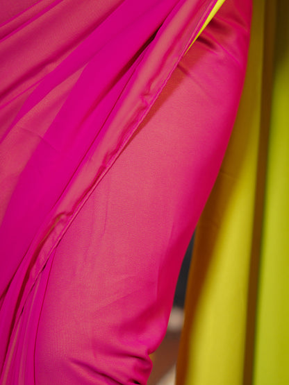 Dhiyona ST Pre-Draped 1-Minute Fuchsia Georgette with Neon Yellow Crepe Saree with Pearl Pendants and Blouse Fabric