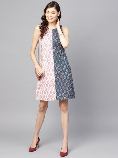 Dhiyona AY Women's Teal Blue & Pink Printed A-Line Dress