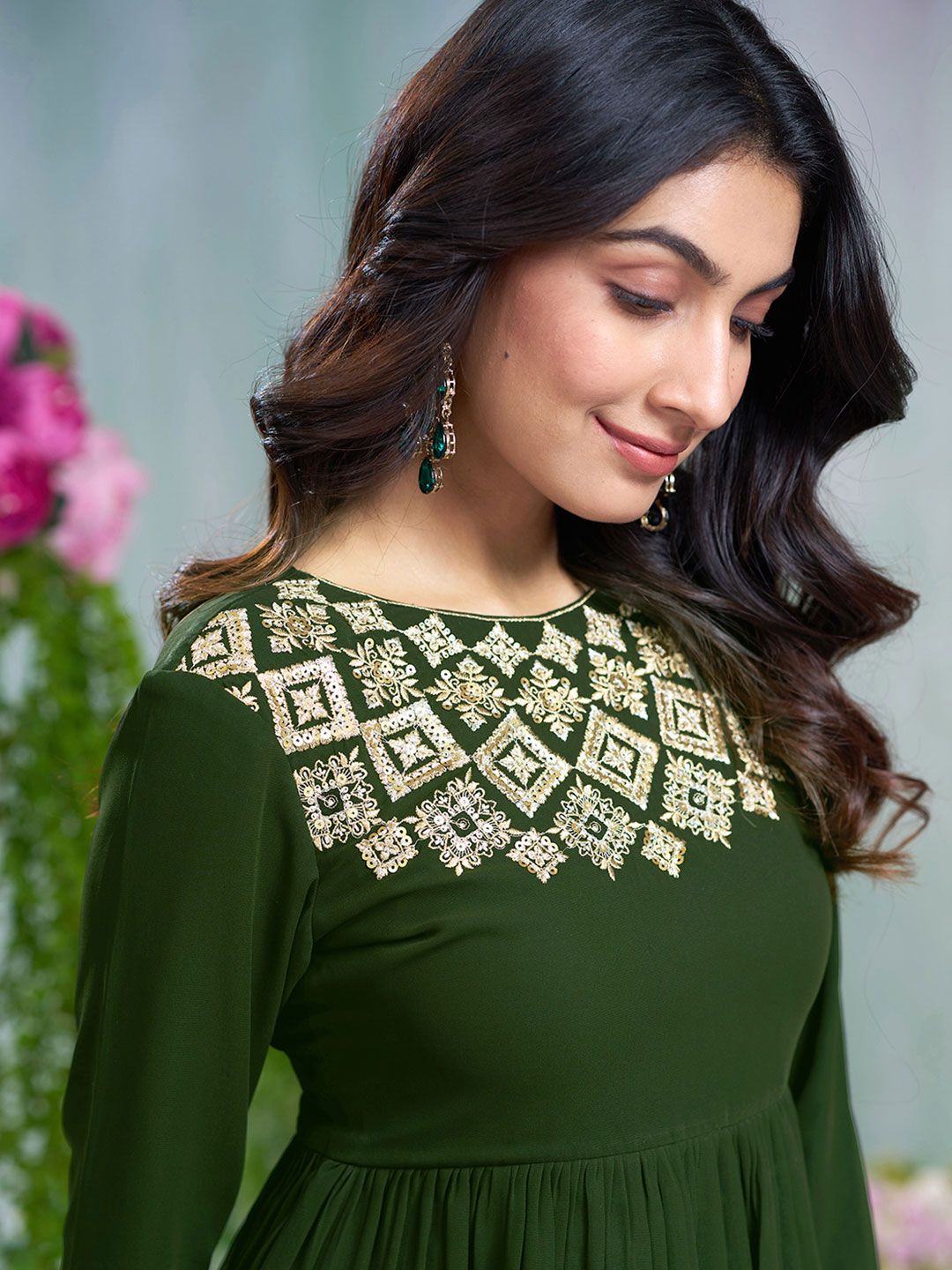 Dhiyona CH Floral Embroidered Pleated A-Line Georgette Embroidered Kurta With Sharara