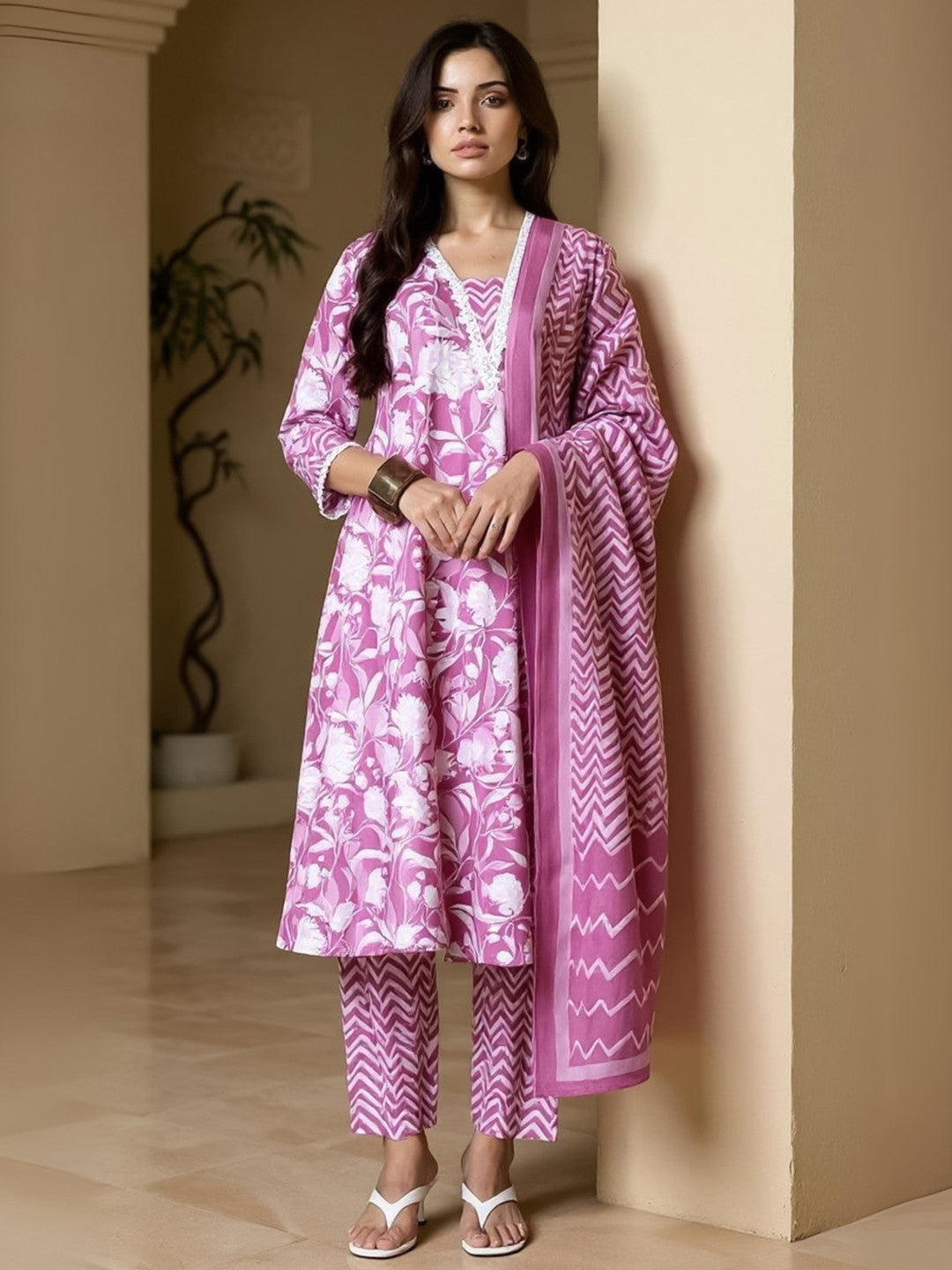Floral Printed V Neck Pure Cotton Panelled A-Line Kurta with Trousers & Dupatta