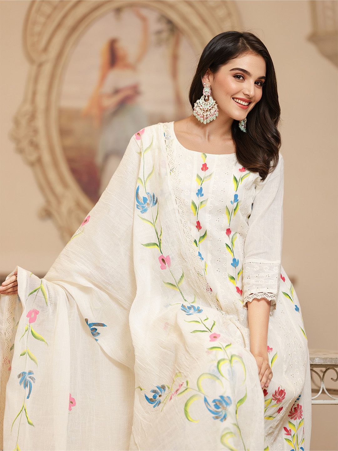 Dhiyona IS Women's Floral Embroidered Pure Cotton A-Line Kurta With Trouser & Dupatta
