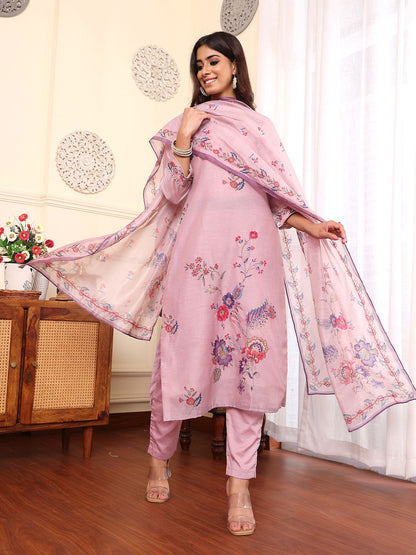 Dhiyona VA Women'sFloral Embroidered Chanderi Silk Straight Kurta With Trouser & Dupatta