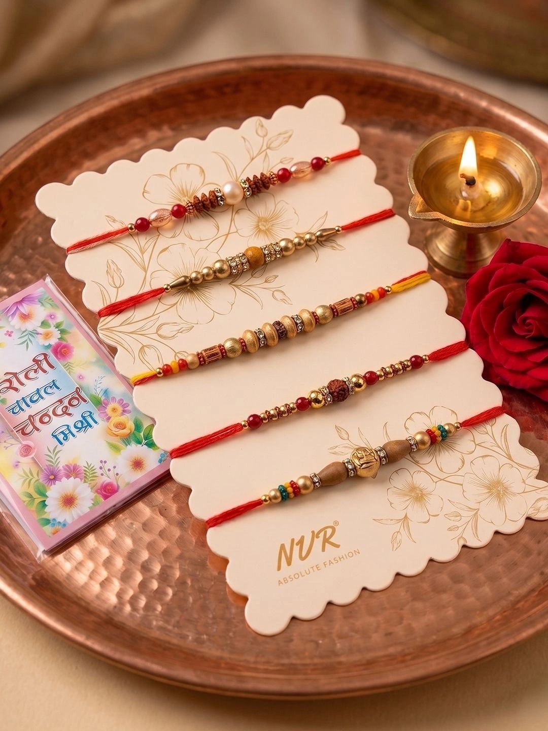 Dhiyona Set Of 5 Multicolor Designer Thread Rakhi With Roli Chawal Chandan Mishri