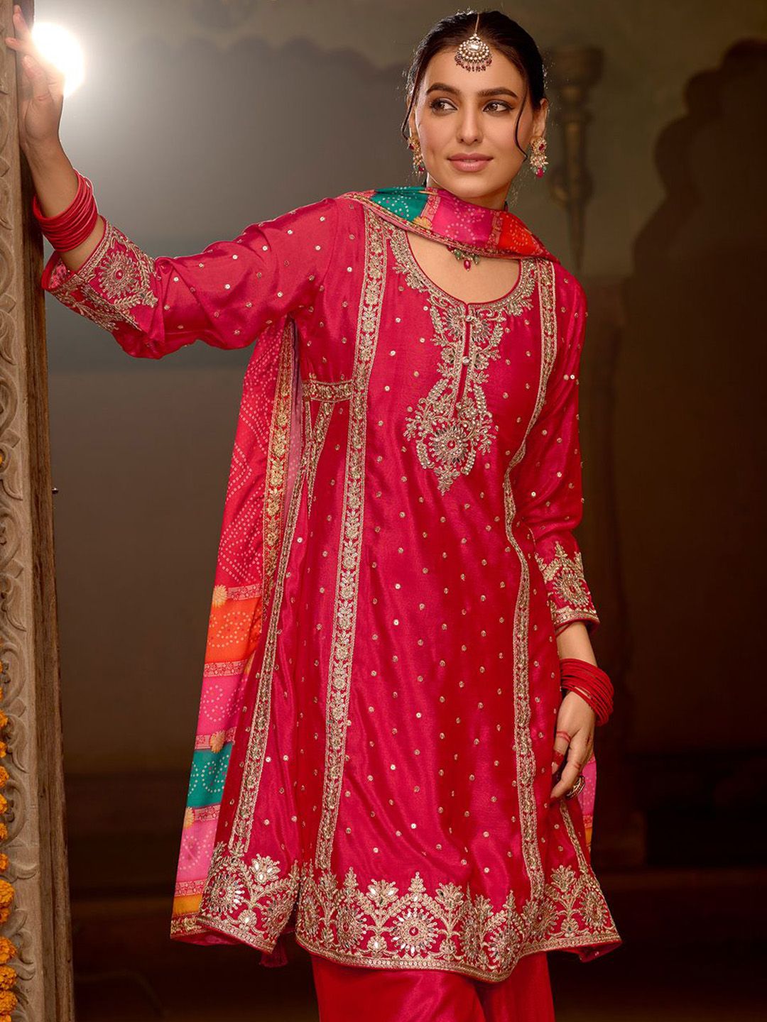 Dhiyona IE Floral Embroidered Panelled Mirror Work A-Line Kurta With Palazzos & Dupatta