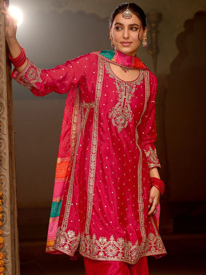 Dhiyona IE Floral Embroidered Panelled Mirror Work A-Line Kurta With Palazzos & Dupatta