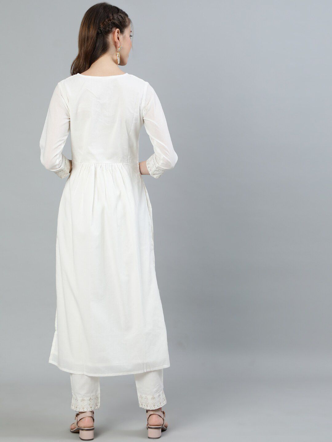 Dhiyona IS Women's Women Off White Ethnic Motifs Embroidered Pleated Pure Cotton Kurta with Trousers