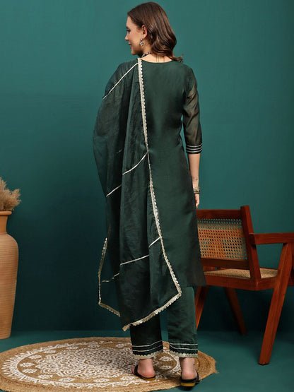 Embroidered Straight Kurta With Trouser & Dupatta Set