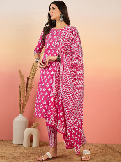 Floral Printed Mirror Work Pure Cotton Kurta with Trousers & Dupatta