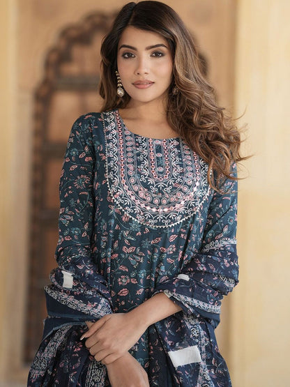 Dhiyona KL Floral Embroidered Thread Work Pure Cotton Anarkali Kurta With Trousers & Dupatta