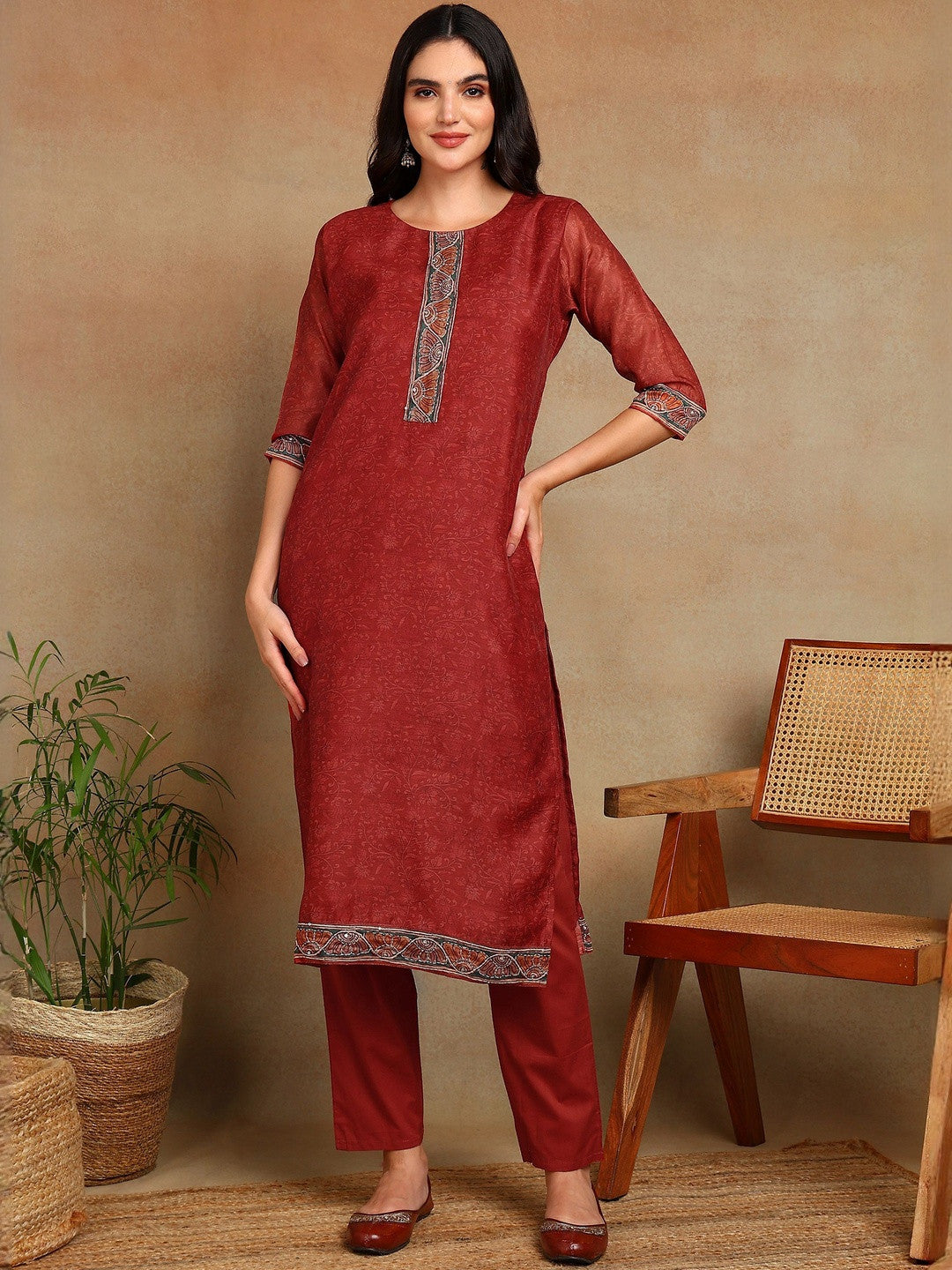 Women Ethnic Motifs Regular Chanderi Cotton Kurta with Trousers & With Dupatta