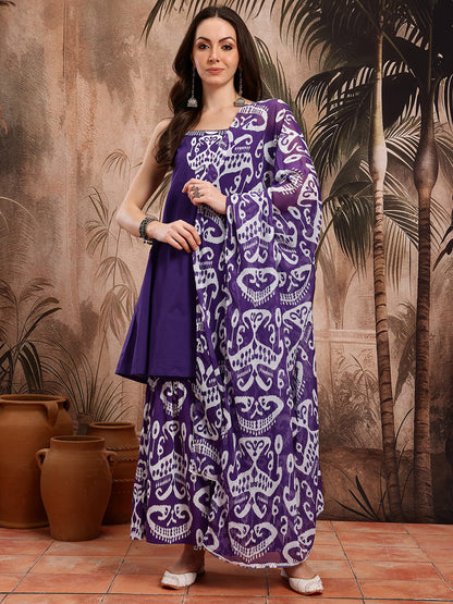 Ethnic Motifs Print Strappy Pure Cotton Kurta with Sharara & Dupatta