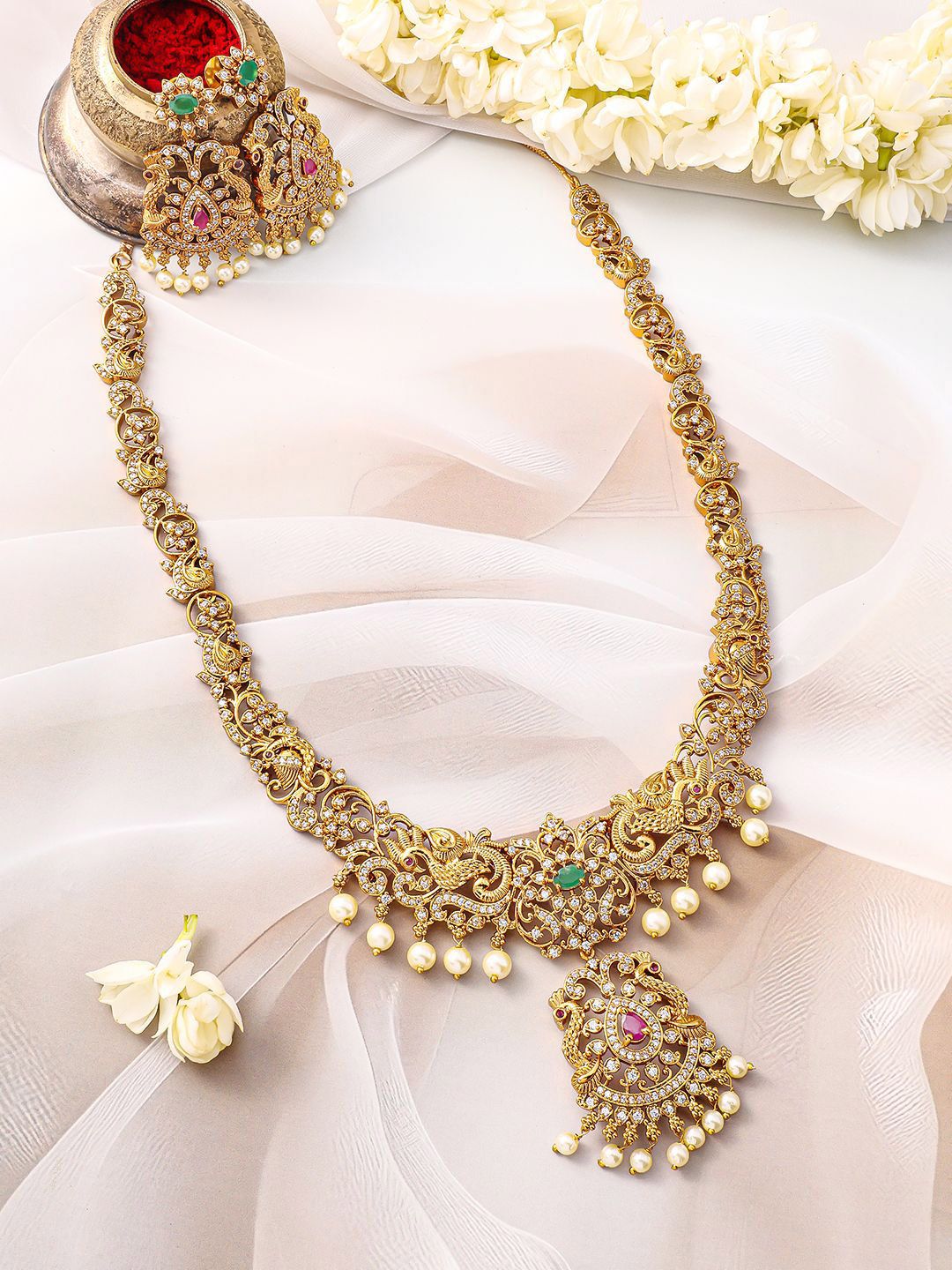 Dhiyona RJ Women's 22K Gold-Plated Emerald, Ruby Pink & Cubic Zirconia Jewellery Set with Pearl Beads