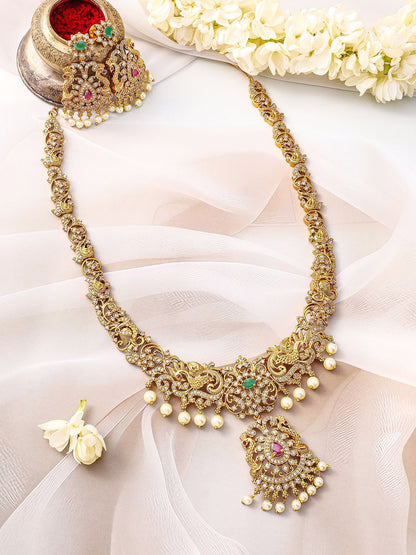 Dhiyona RJ Women's 22K Gold-Plated Emerald, Ruby Pink & Cubic Zirconia Jewellery Set with Pearl Beads