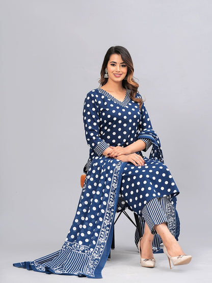 Dhiyona KL Polka Dot Printed Regular Pure Cotton Kurta With Trousers & Dupatta