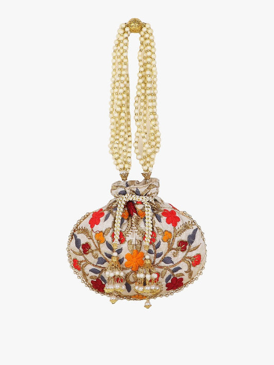 Dhiyona NR Cream-Coloured & Orange Embroidered Potli Clutch