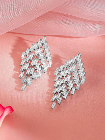 Dhiyona RJ Women's Rhodium-Plated Cubic Zirconia Studded Diamond-Shaped Drop Earrings