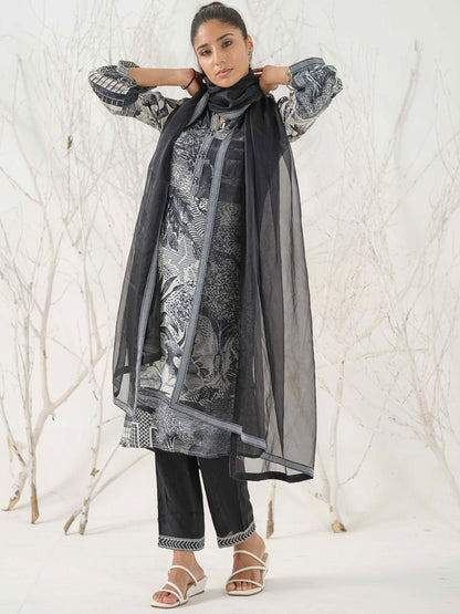 Dhiyona IS Women's Floral Printed Linen Straight Kurta with Trousers & Dupatta