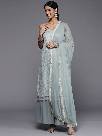 Dhiyona VA Women Green Floral Sequinned Kurta with Sharara & With Dupatta
