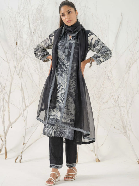 Dhiyona IS Women's Floral Printed Linen Straight Kurta with Trousers & Dupatta