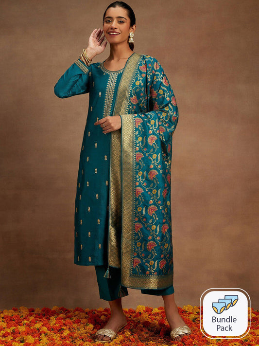 Ethnic Motifs Embroidered Regular Thread Work Kurta With Trousers & Dupatta