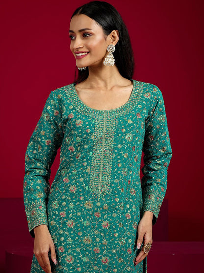 Dhiyona LL Floral Embroidered Round Neck Sequinned Straight Kurta With Palazzos & Dupatta
