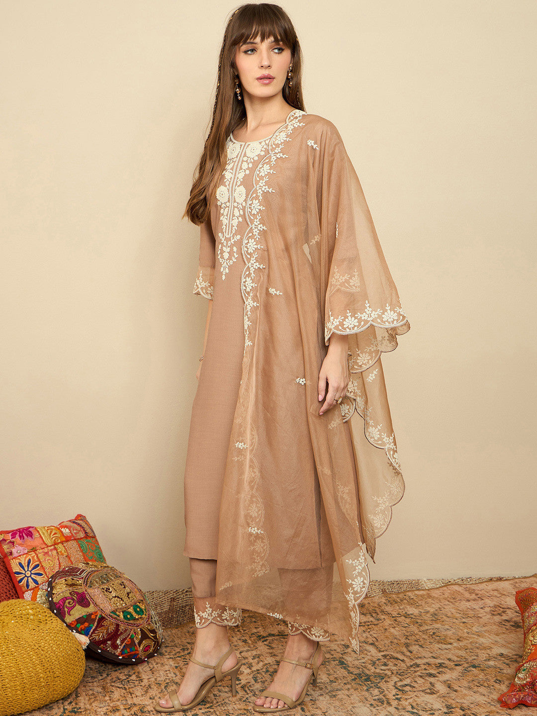 Floral Embroidered Thread Work Straight Kurta With Trousers & Dupatta