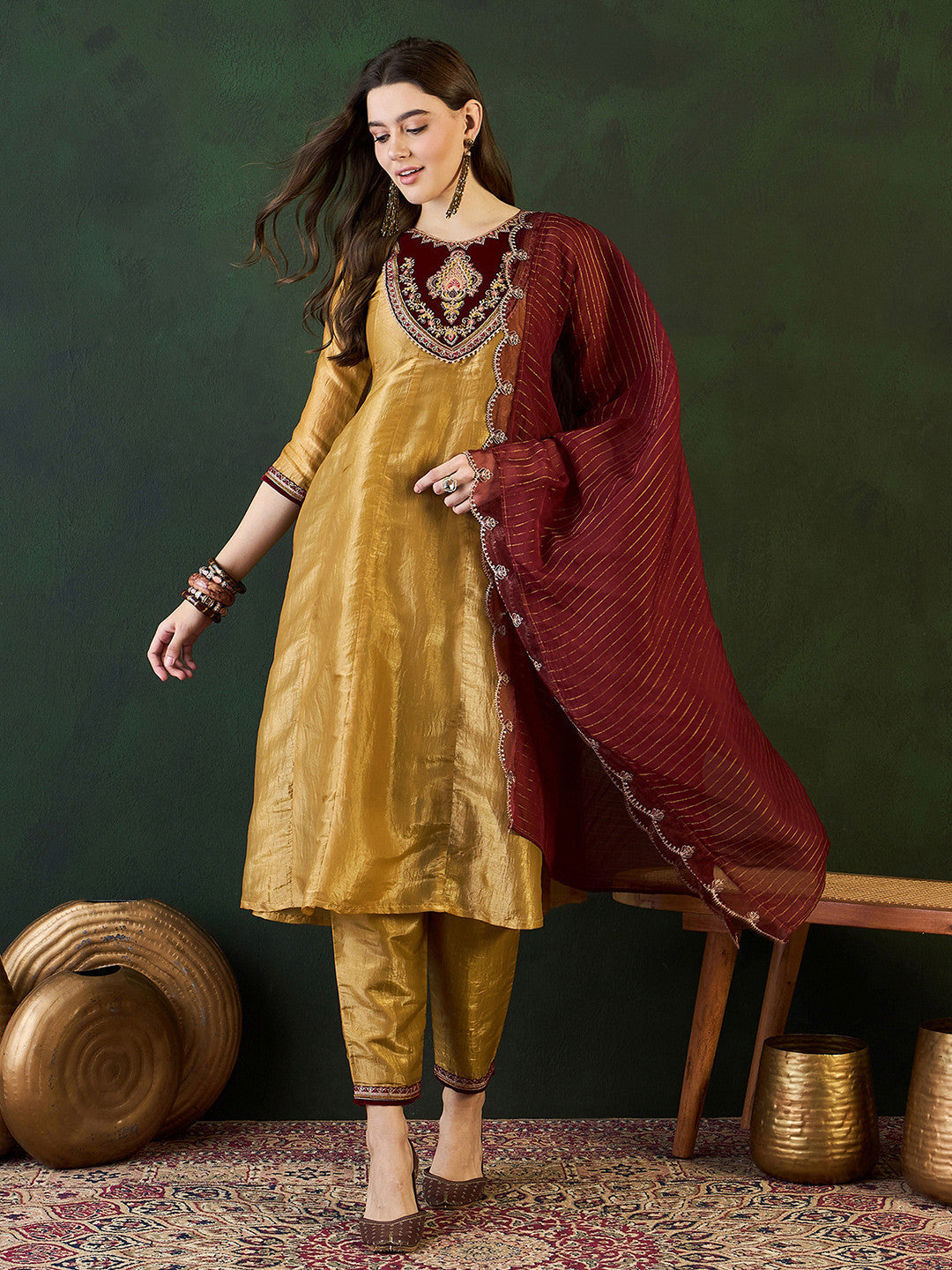 Gold Ethnic Motifs Embroidered Thread Work A-Line Kurta With Trousers And Dupatta