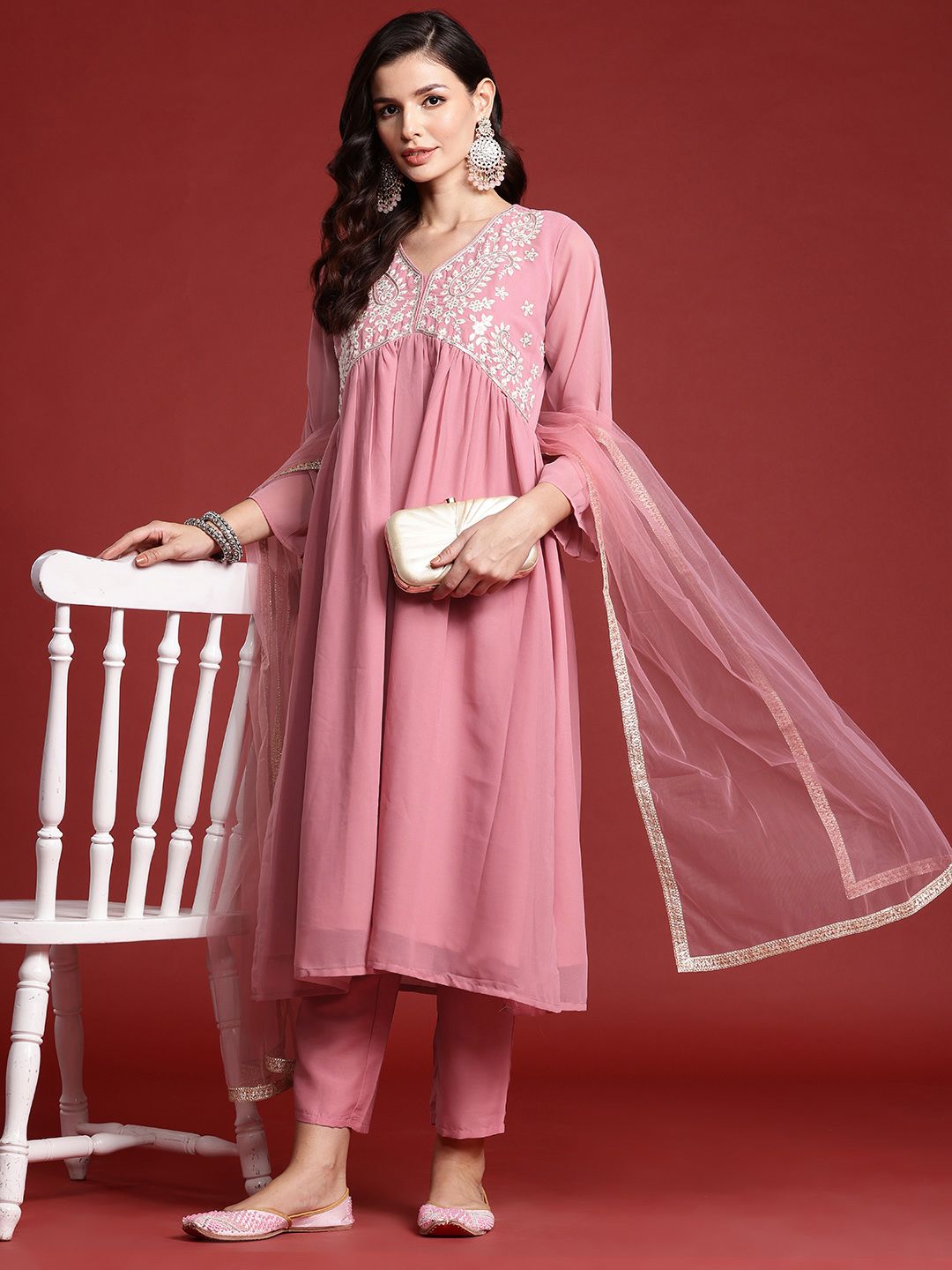 Dhiyona IE Floral Sequin Embroidered Empire Kurta with Trousers & Dupatta