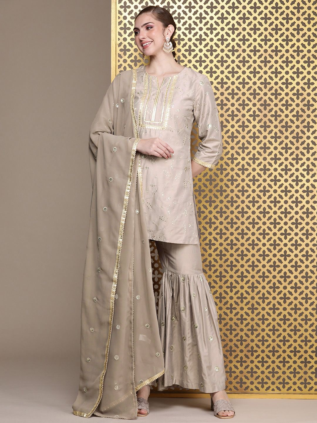 Dhiyona HOP Ethnic Motifs Embroidered Sequinned Jashn Kurta with Sharara & Dupatta