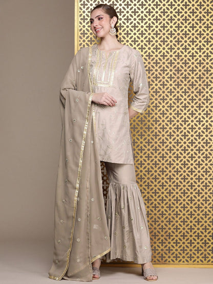 Dhiyona HOP Ethnic Motifs Embroidered Sequinned Jashn Kurta with Sharara & Dupatta